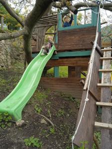a girl and a dog on a slide in a tree house at La Pommeraie in Casteil