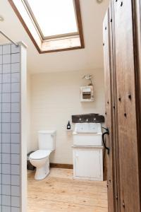 a bathroom with a toilet and a sink and a skylight at sika lodge in Wareham