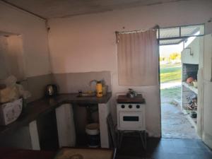 a small kitchen with a stove and a sink at Don Ramón in Colonia del Sacramento