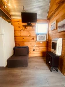 a living room with a television and a stove at Cozy little Cabin in Van Buren