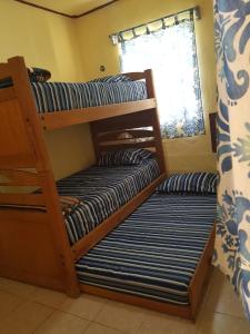 two bunk beds in a room with a window at Small room with bunk bed, bathroom, AC and WiFi in Ing. Alberto Acuña Ongay International Airport