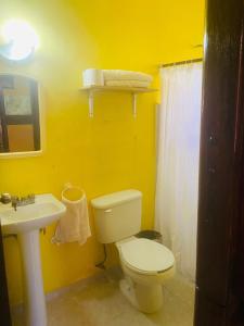 a yellow bathroom with a toilet and a sink at Small room with bunk bed, bathroom, AC and WiFi in Ing. Alberto Acuña Ongay International Airport