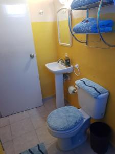 a bathroom with a blue toilet and a sink at Small room with bunk bed, bathroom, AC and WiFi in Ing. Alberto Acuña Ongay International Airport