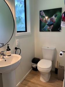 a bathroom with a toilet and a sink and a mirror at Queen Charlotte Bach in Linkwater