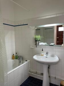 a bathroom with a sink and a tub and a mirror at Maison a Confluence T2BZ-Tram in La Mulatière