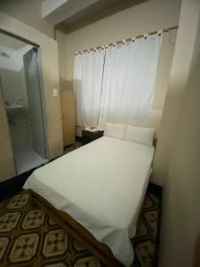 a white bed in a small room with a shower at hotel vaticano in Estación El Salto