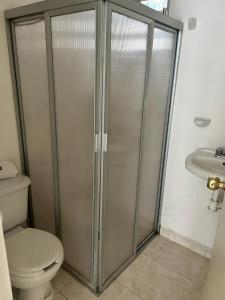 a bathroom with a shower and a toilet and a sink at Departamento 5 Economico Arroyo in Tuxtla Gutiérrez +44 photos