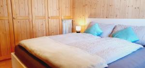 ein Schlafzimmer mit einem Bett mit blauen Kissen in der Unterkunft JuKa in Münster VS