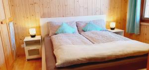 ein Schlafzimmer mit einem großen Bett und blauen Kissen in der Unterkunft JuKa in Münster VS