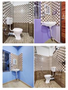 four pictures of a bathroom with a toilet and a sink at Ashirbad Lodge in Guwahati +14 photos