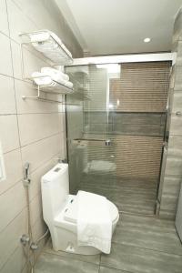 a bathroom with a toilet and a glass shower at Elysium Tower Luxury Apartments Islamabad Opposite Centaurus Mall in Islamabad +97 photos