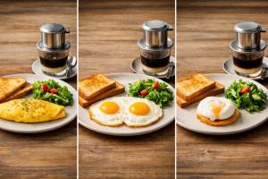 four pictures of eggs and bread on plates with food at Marvelous Homestay Hoi An in Dien Ban +30 photos