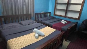 two twin beds in a room with a mirror at Villa Mountain Pearl in Chikmagalūr