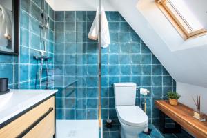 a bathroom with a toilet and blue tiles at Le P'tit Bretzel in Turckheim +18 photos