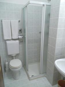 a bathroom with a shower with a toilet and a sink at Hotel Alla Dolina in Sistiana