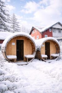 two domed buildings in the snow with benches at Konsum Gästehaus Quisisana - Oberhof in Oberhof