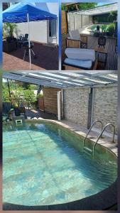two pictures of a swimming pool with an umbrella at Ti case ali in Saint-Benoît