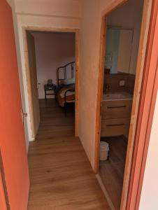 a hallway leading into a bedroom with a sink and a bed at Chambres indépendantes chez l'habitant in Saint-Pierre-dʼAlbigny