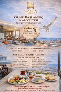 a flyer for a restaurant with a table with food at Naila Hotel in Istanbul