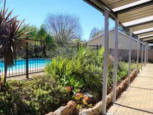 a garden with a swimming pool and a fence at Wild Olive Luxury Accommodation in Newcastle