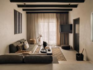a living room with a couch and a tv at ananea Mykonos - Adults Only in Ornos