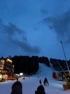 a group of people skiing down a ski slope at night at Chamkoria Forest apartment in Borovets
