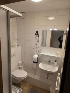 a man taking a picture of a bathroom with a toilet and sink at Hotel Kaiser Friedrich in Bad Berleburg +18 photos