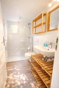 a bathroom with a sink and a toilet and a shower at Erholung pur in der Strandhussiedlung Rügen - Bungalow Ferienwohnung - bis 5 Personen - nur 100m zum Naturstrand - mitten im Kiefernwald - Ideal für Paare & Familien - Hunde herzlich willkommen in Dranske