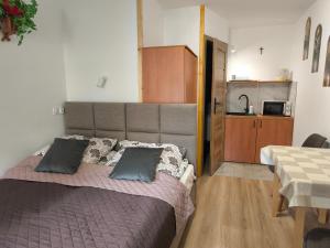 a bedroom with a large bed and a kitchen at Za potokiem-Solina 66-77-44-4-61 in Solina