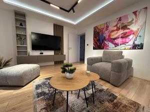 a living room with a tv and a couch and a table at Urban Studio 018 in Niš +7 photos