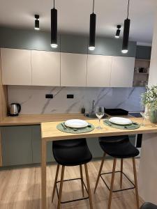 a kitchen with a wooden table and two chairs at Urban Studio 018 in Niš