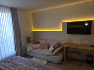 ein Wohnzimmer mit Sofa und Flachbildfernseher in der Unterkunft LoC Kannenkeller Smart Stay in Lauingen