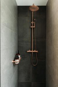 a bathroom with a shower with a shower head at Bohemian Wellness met hottub & sauna in Ewijk +25 photos