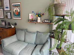 a living room with a blue couch and a window at Petite chambre in La Madeleine