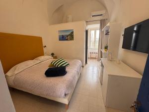 a bedroom with a bed and a television in it at Relais il Chiostro Historic Courtyard & Panoramic Terrace near Sorrento in Massa Lubrense