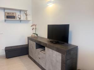 a living room with a television on a wooden entertainment center at Loft moderno nel cuore del Centro Storico - spazioso & luminoso WiFi veloce- Tutto a piedi in Pordenone