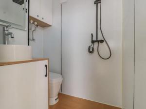 a bathroom with a shower and a toilet at Countryside Pod Retreat in Durston