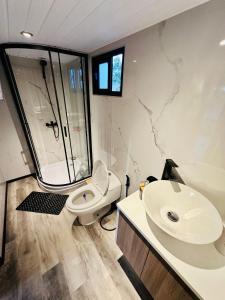 a bathroom with a white toilet and a sink at Barra Loft in Piriápolis