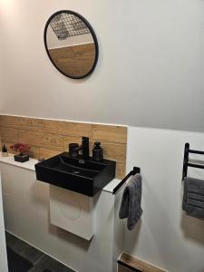 a bathroom with a black sink and a mirror at Finnhaus 1 Strandbad Adria in Kleutsch +17 photos