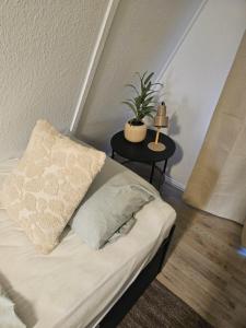a bed with a pillow and a plant on a table at Finnhaus 1 Strandbad Adria in Kleutsch