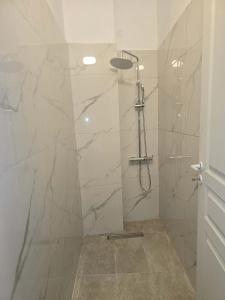 a bathroom with a shower with a glass door at Quite room double bed in Florina
