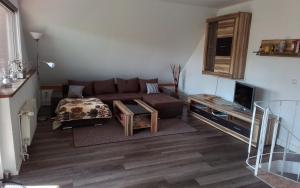 a living room with a couch and a tv at Weitblick am Hankehübel in Hohnstein