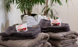 a pile of towels sitting on top of a pile of towels at MarEwa 80 qm apartment in Mechernich +19 photos