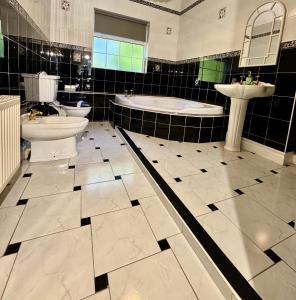 a bathroom with two toilets and a tub and sinks at Whitaker Lodge in Swinford +56 photos