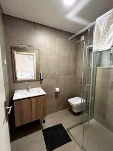 a bathroom with a toilet and a sink and a shower at Casa Germano in Sabugal +22 photos