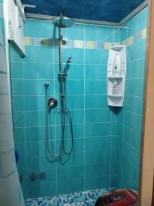 a bathroom with a shower with a blue tile wall at Casa della Pace by Pinuccia in Roccaspinalveti +35 photos