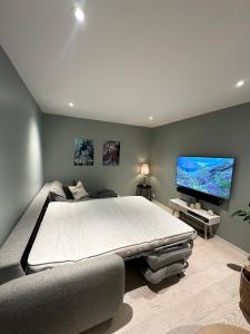 a bedroom with a large bed and a flat screen tv at Modern 3BR Apartment Near Oslo Center Free Parking in Lorenskog