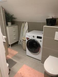 a washing machine in a bathroom with a toilet at Modern 3BR Apartment Near Oslo Center Free Parking in Lorenskog +20 photos