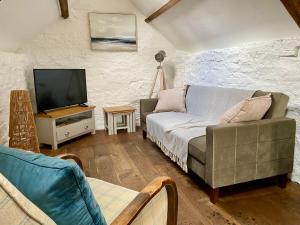 a living room with a couch and a tv at Little Barn, Greendale Farm in Barnstaple