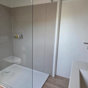 a shower with a glass door in a bathroom at Einzigartige Schlafkojen in Herisau +19 photos